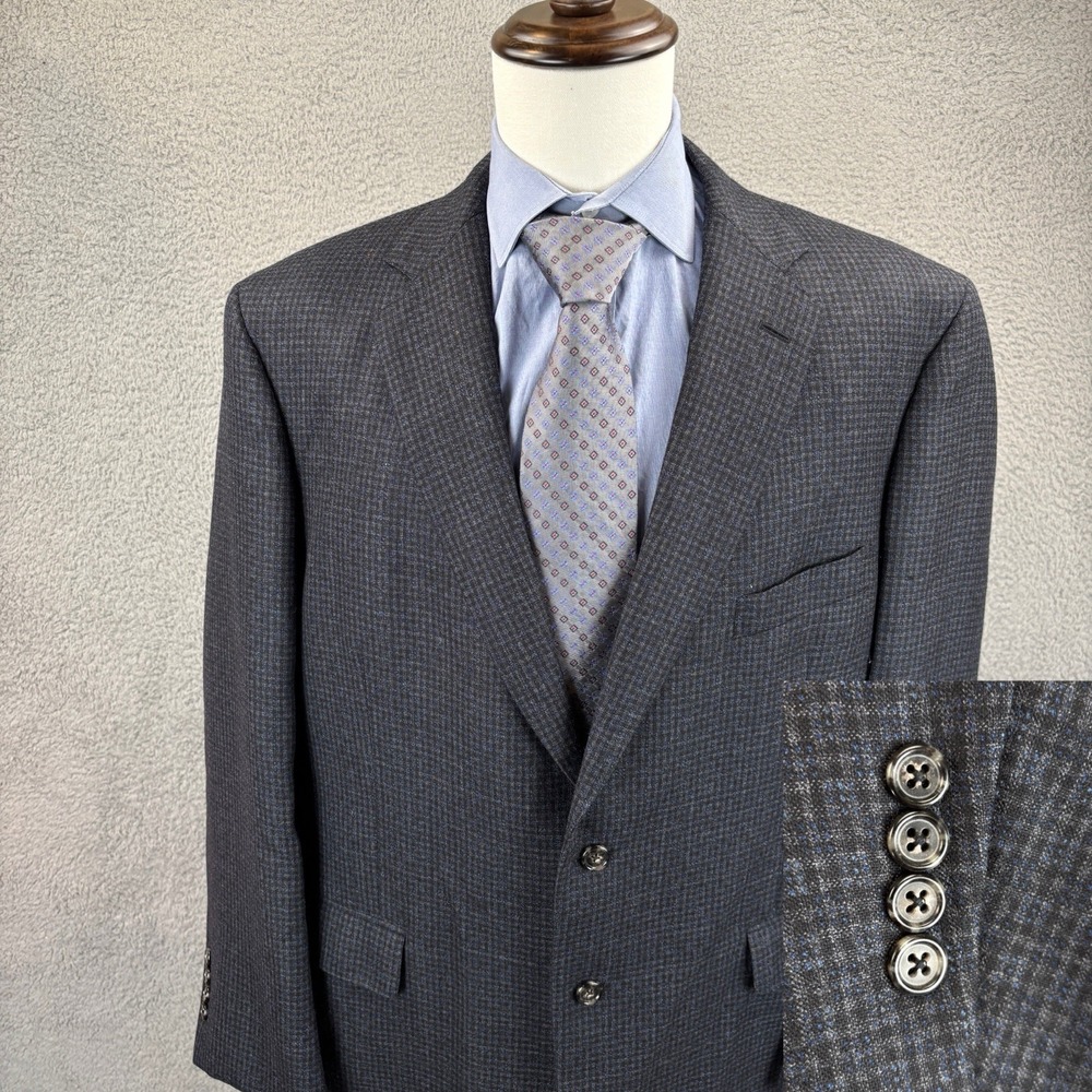 Allen Edmonds Blazer Sport Coat Mens 48R Navy Check 100% Wool Handcrafted USA
